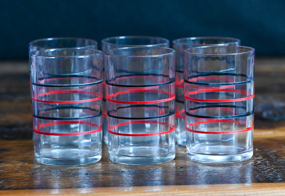 Kraft Swanky Swig black and red stripe juice glasses