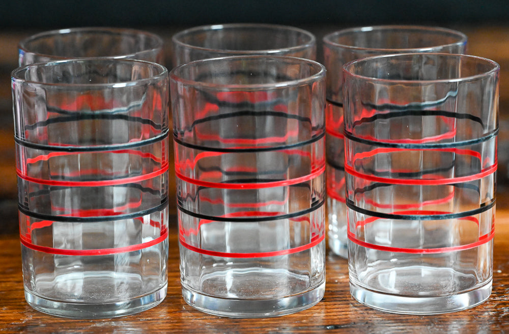 Kraft Swanky Swig black and red stripe juice glasses