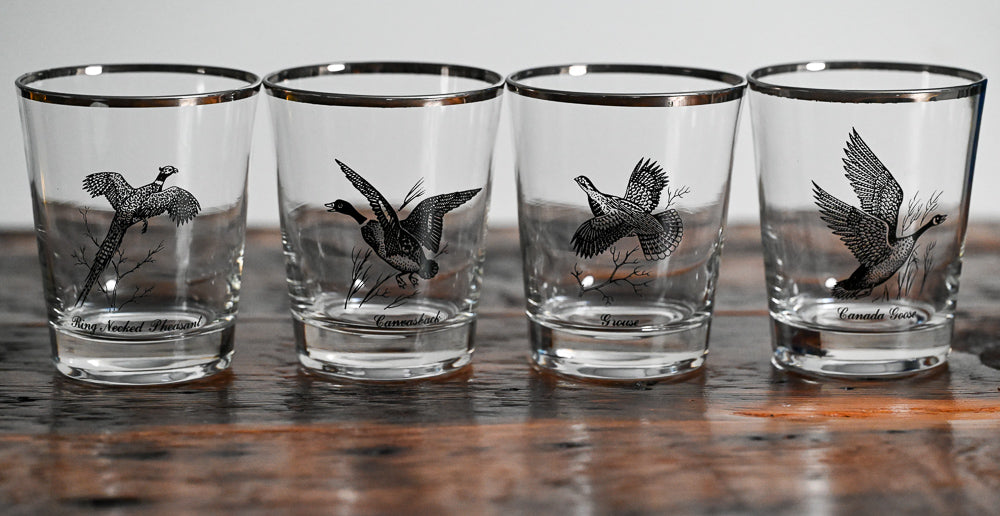 birds on on double old fashioned glass with silver rim