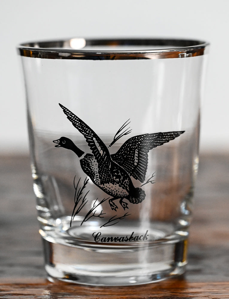 canvasback on double old fashioned glass with silver rim