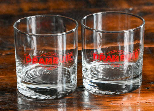 red Drambuie logo on clear rocks glasses