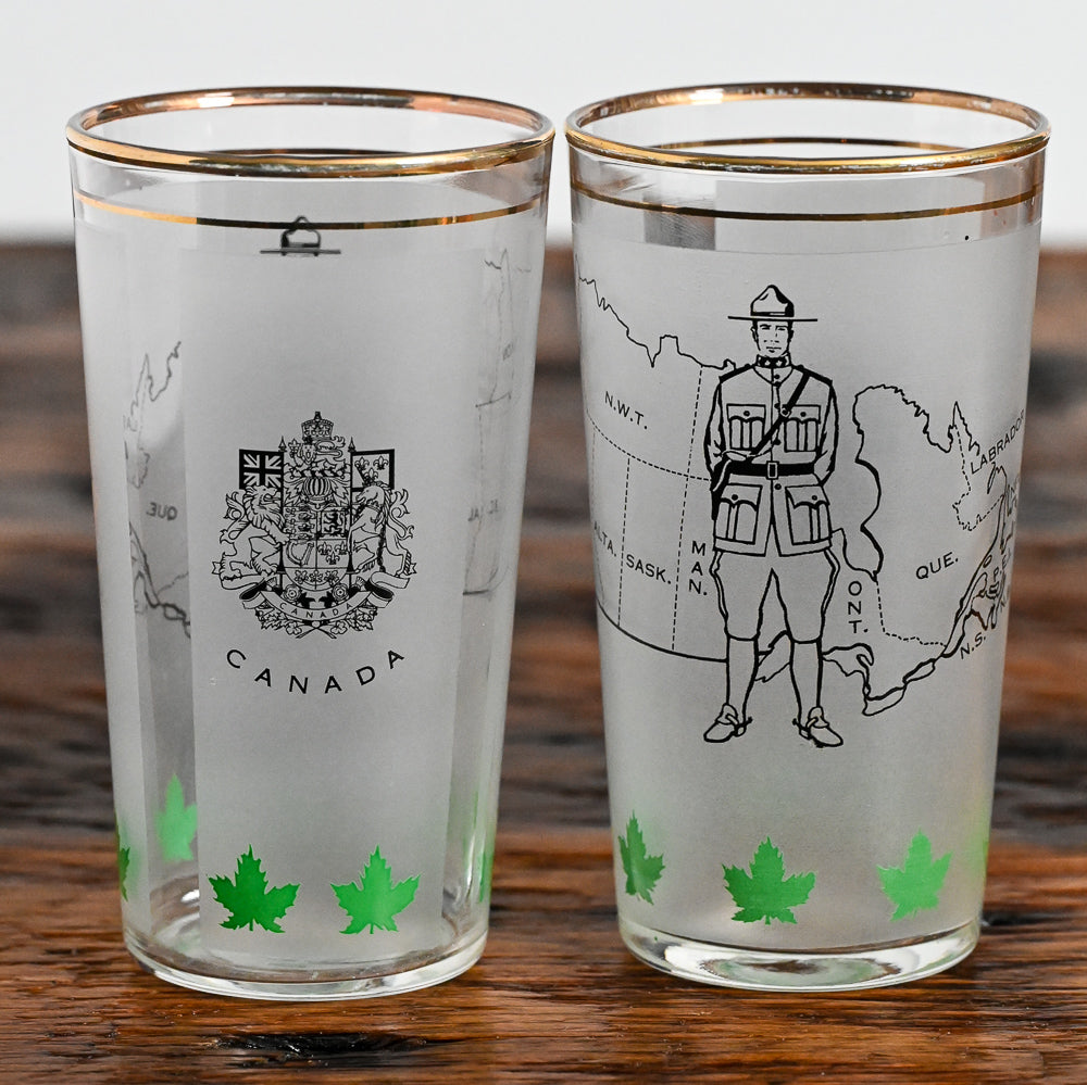 frosted tumbler with Candian Mountie and Canada Map