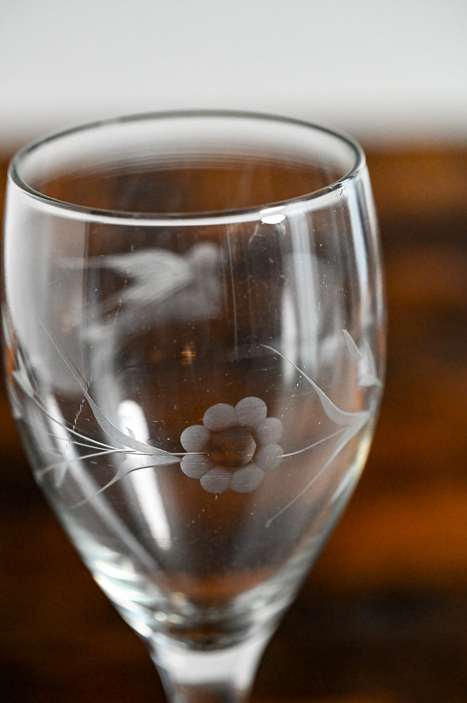 bird and floral etched wine glasses