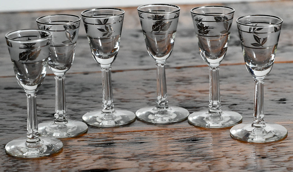 Libbey silver leaf print cordial glasses