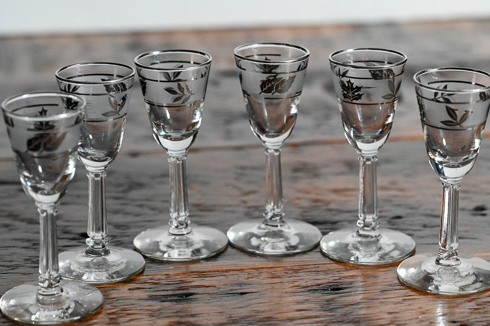 Libbey silver leaf print cordial glasses