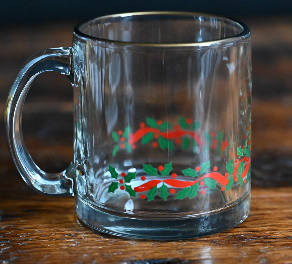 Libbey Holly Berry print glass mug with gold rim