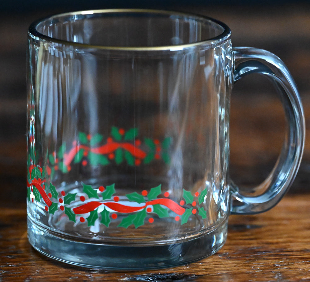 Libbey Holly Berry print glass mug with gold rim