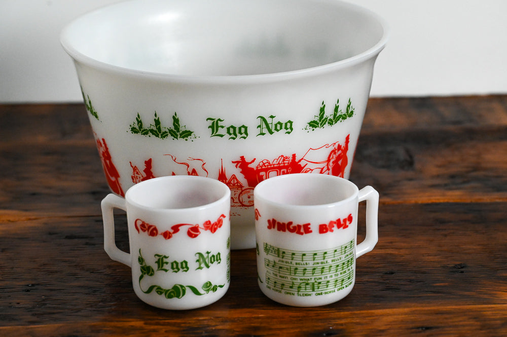 Hazel Atlas milk glass eggnog bowl and mugs with red and green print