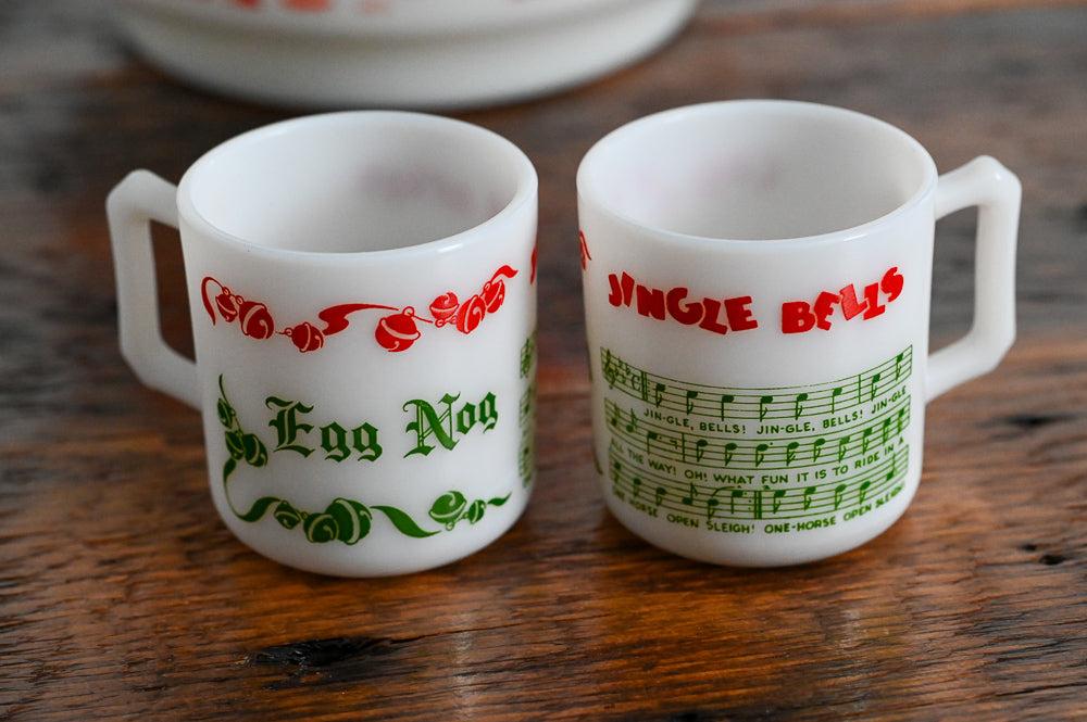 Hazel Atlas milk glass eggnog bowl and mugs with red and green print