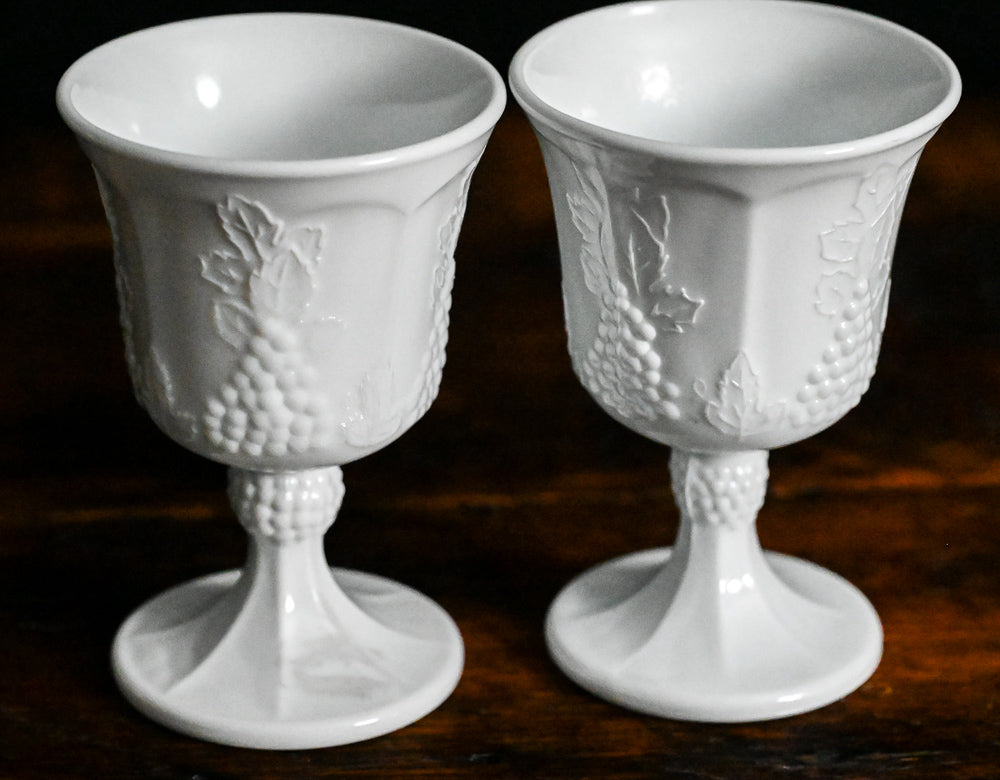 Grape embossed white milk glass goblets