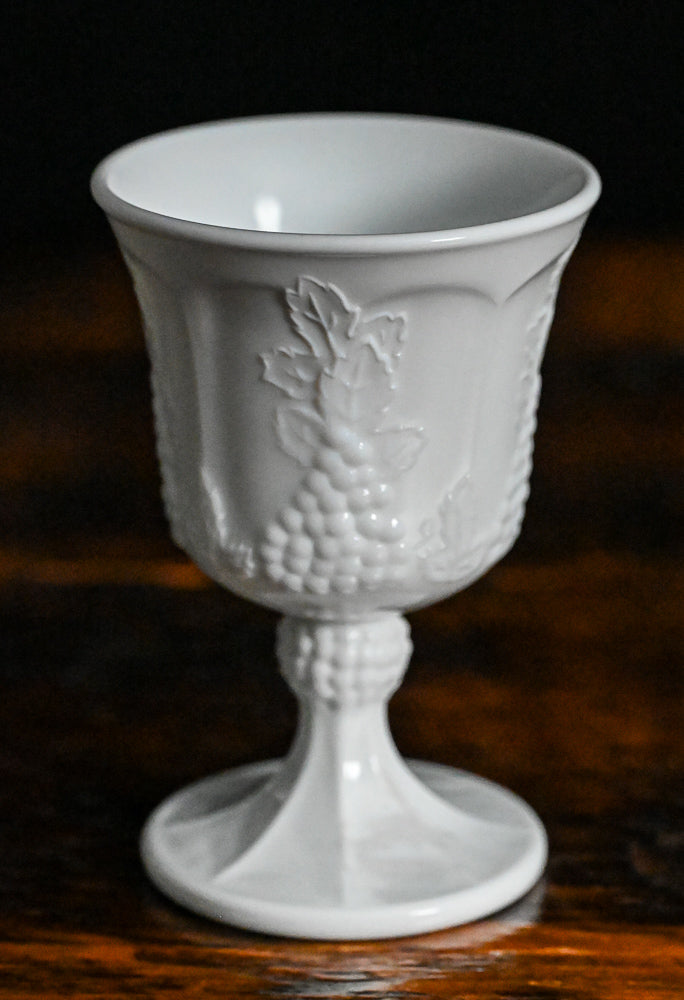 Grape embossed white milk glass goblets