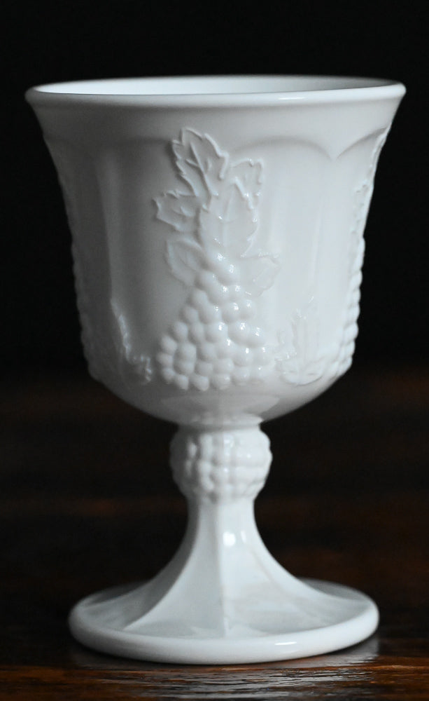 Grape embossed white milk glass goblets