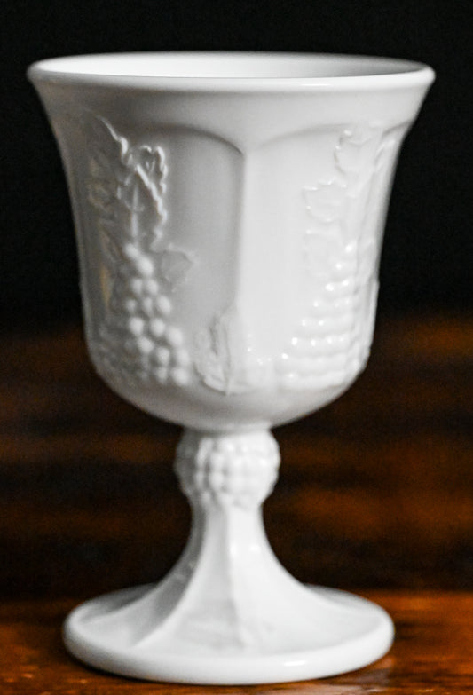 Grape embossed white milk glass goblets