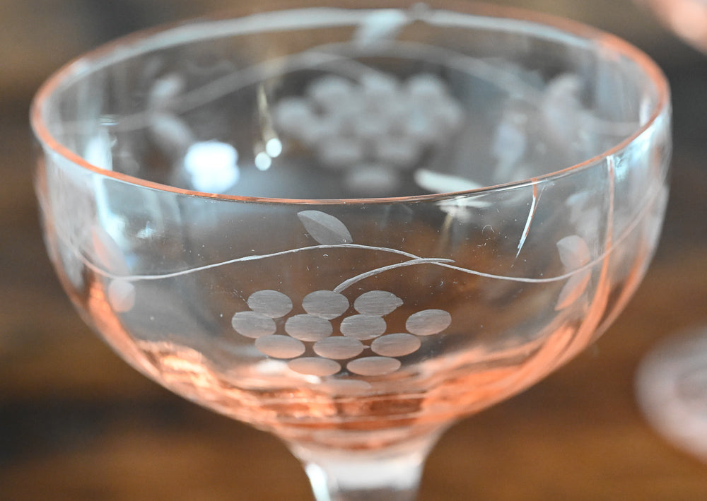 pink depression glass grape etched coupes