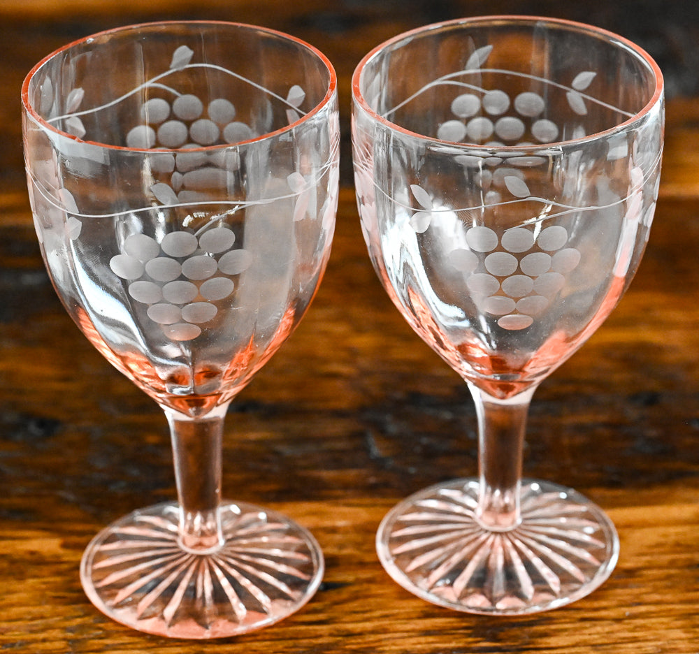 pink wine glass etched with grapes