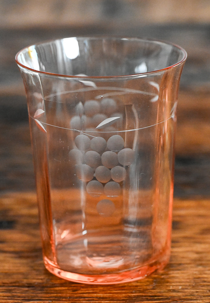 pink depression glass tumbler grapes etched