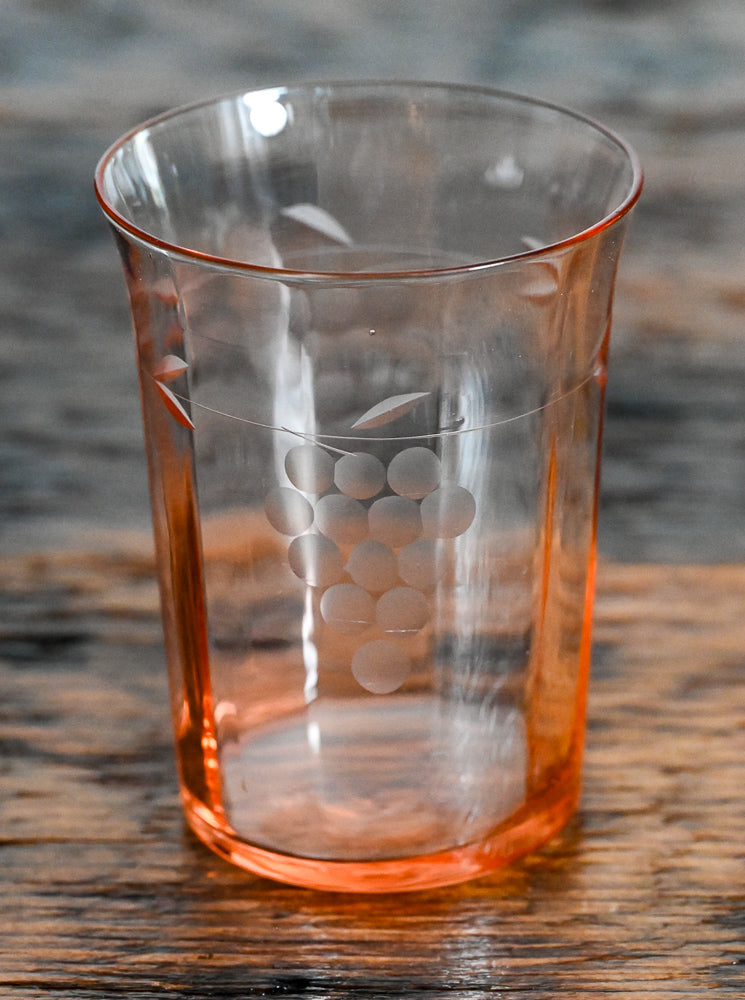 pink depression glass tumbler grapes etched