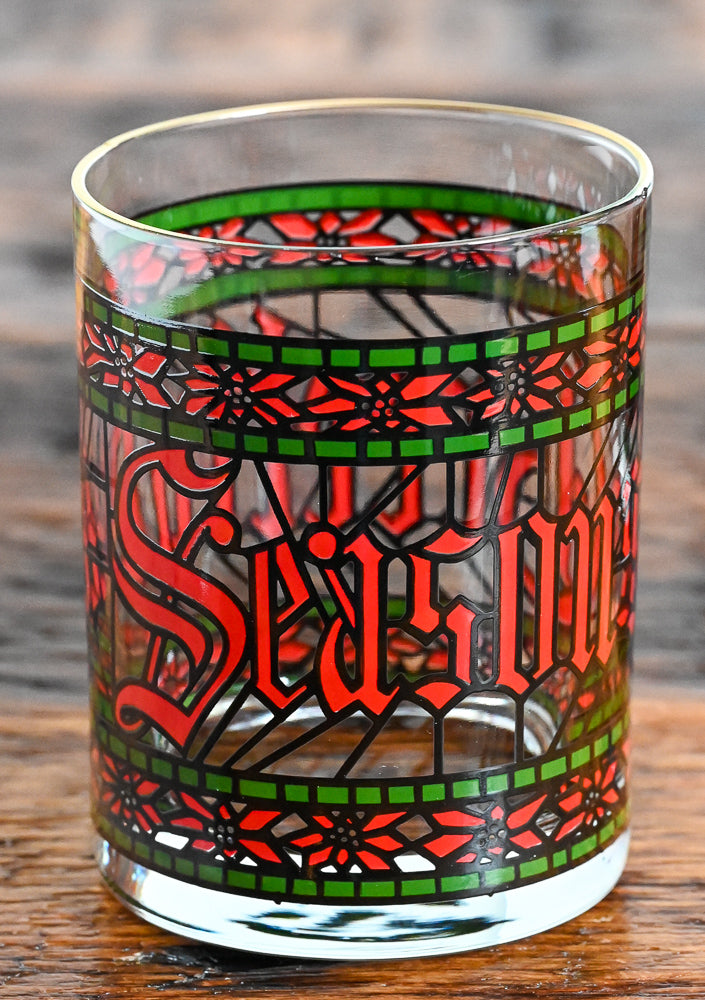 Houze seasons greetings green and red print double rocks glasses