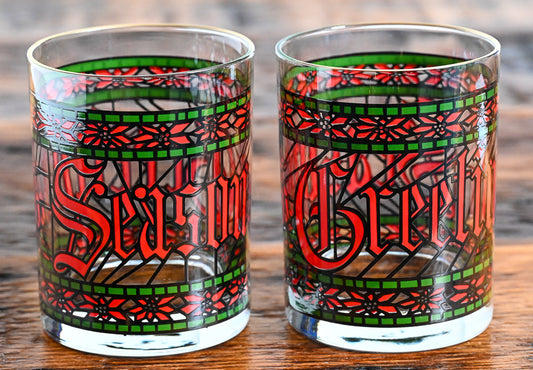 Houze seasons greetings green and red print double rocks glasses