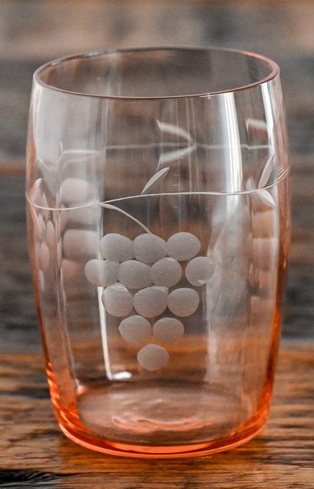 grape etched pink glass tumblers