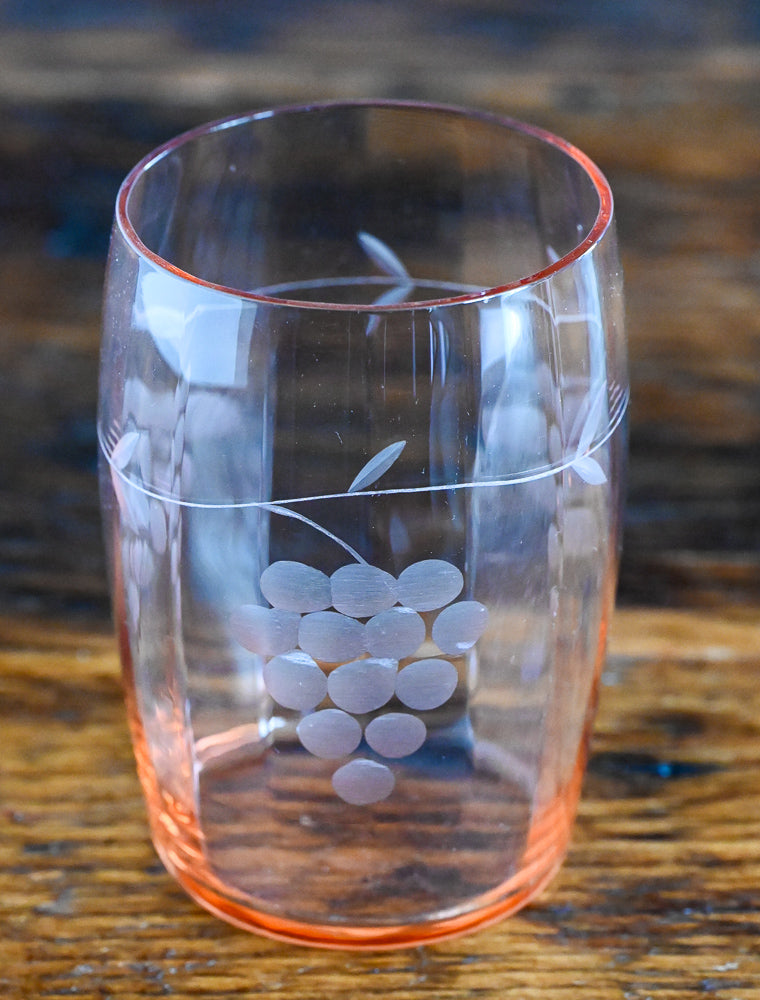 grape etched pink glass tumblers
