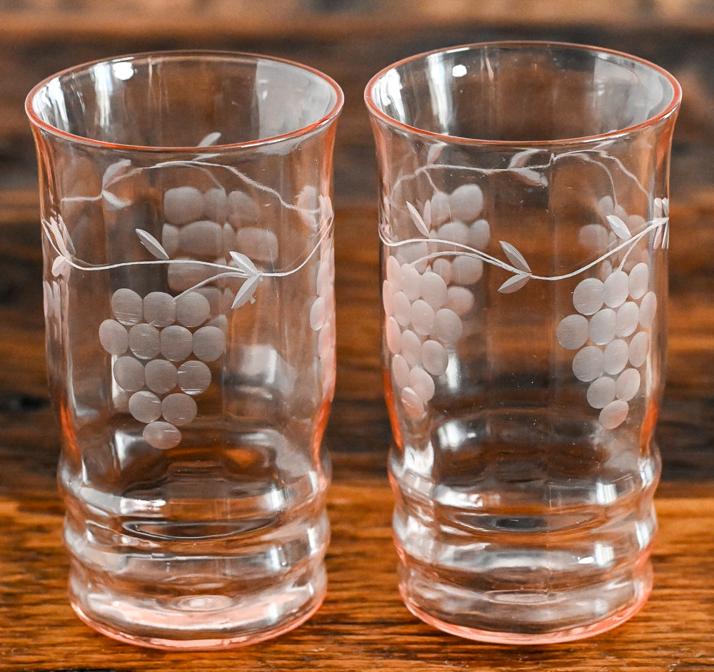pink glass grape etched tumblers