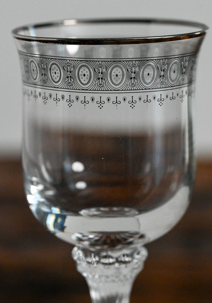 black and white floral print wine glass, platinum rim