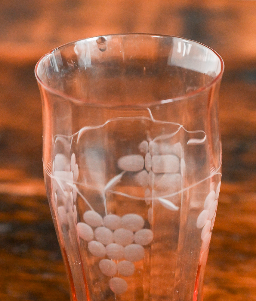 pink glass tumbler with etched grapes