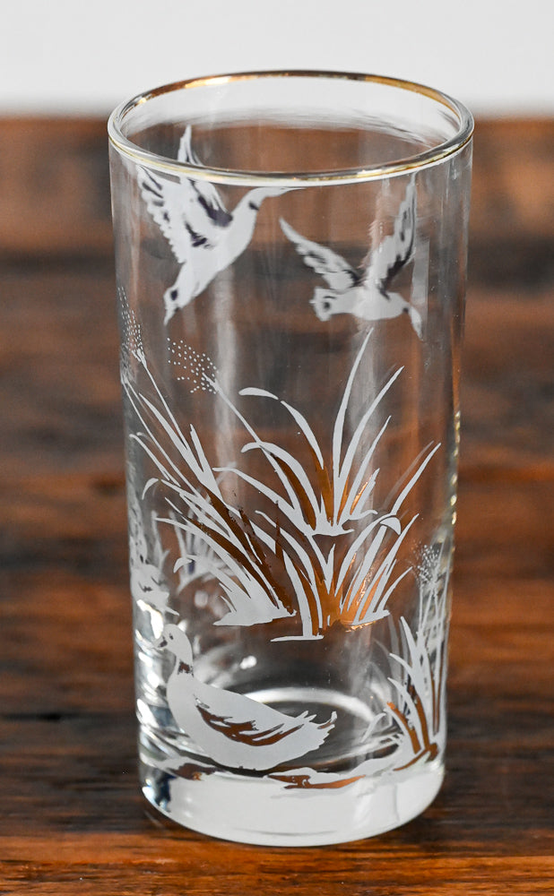 white and gold ducks and reeds highball glass