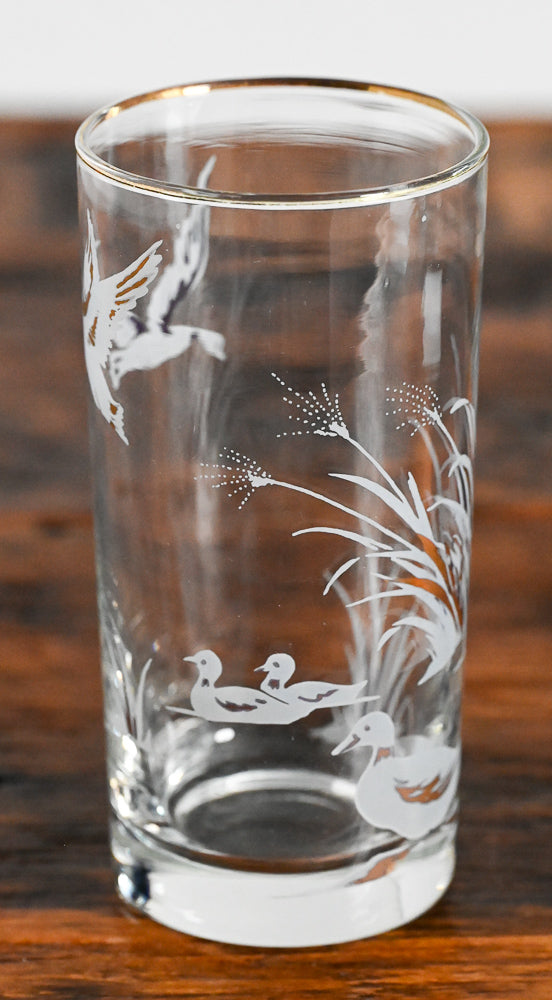 white and gold ducks and reeds highball glass