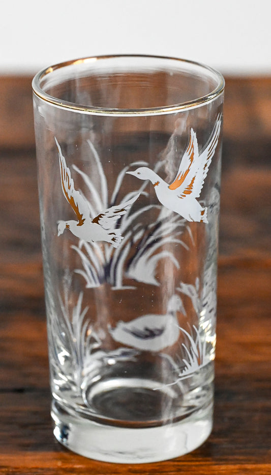 white and gold ducks and reeds highball glass