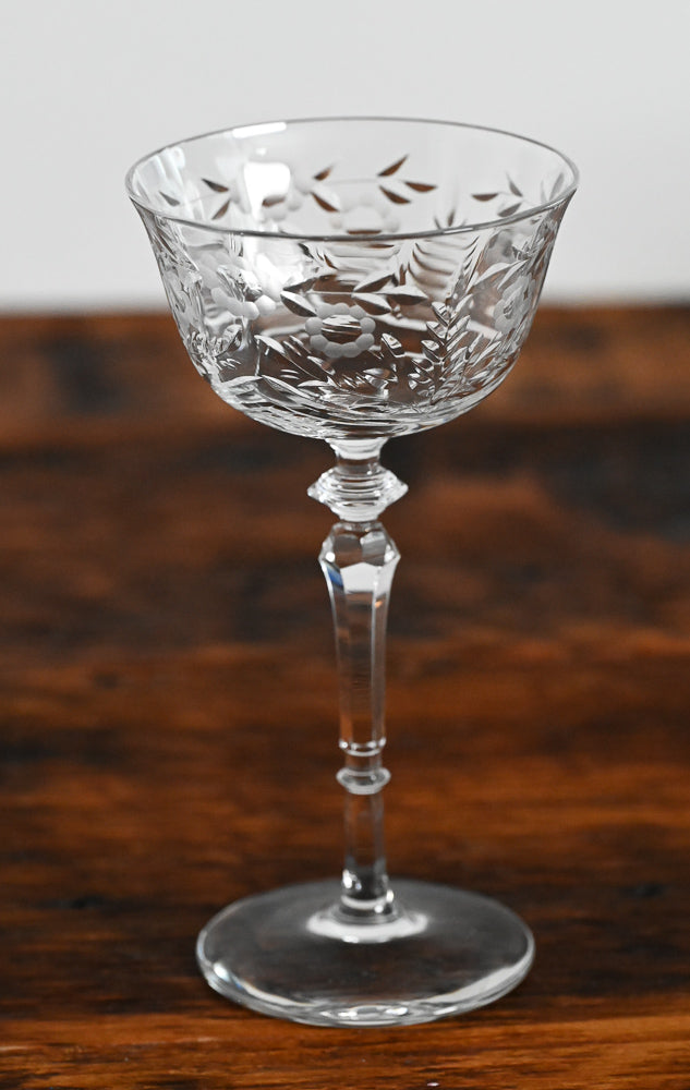 Libbey Rock Sharpe etched flowers coupe glass