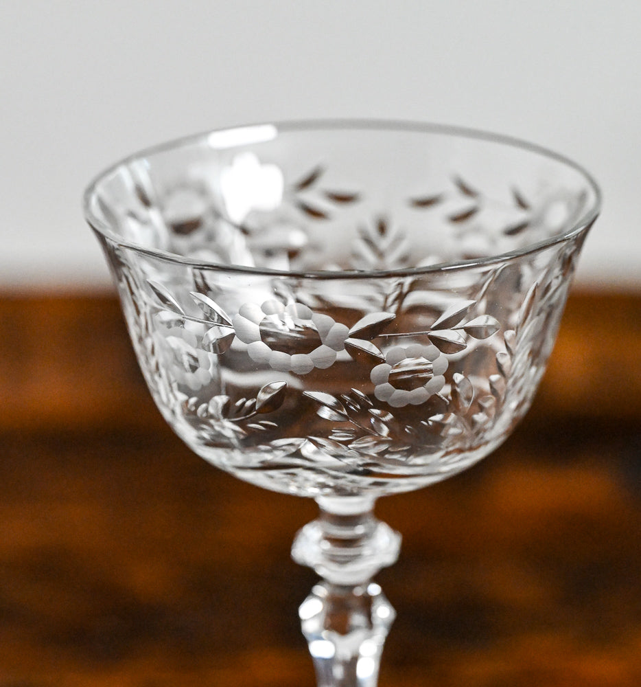 Libbey Rock Sharpe etched flowers coupe glass