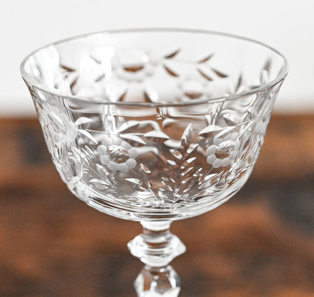 Libbey Rock Sharpe etched flowers coupe glass
