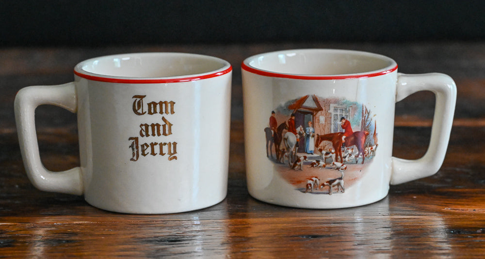 beige Tom & Jerry mugs with red rim, English Hunting scene on one side