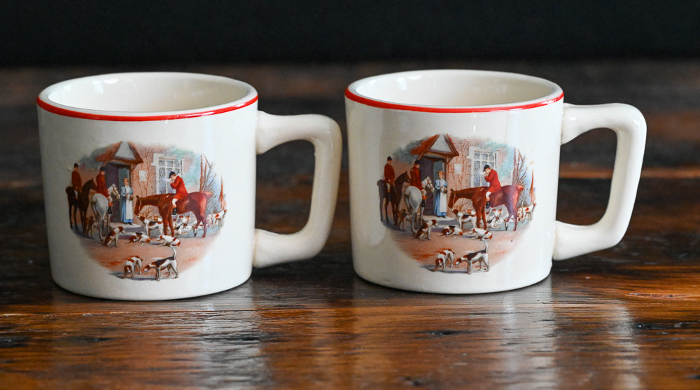 beige Tom & Jerry mugs with red rim, English Hunting scene on one side
