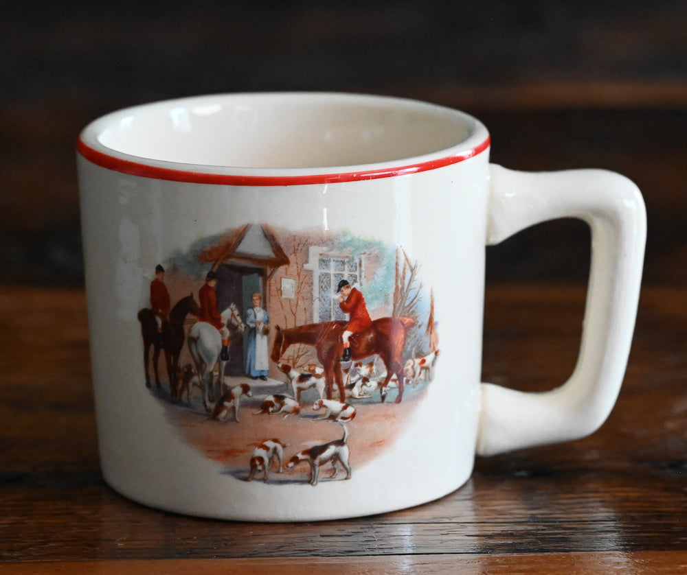 beige Tom & Jerry mugs with red rim, English Hunting scene on one side