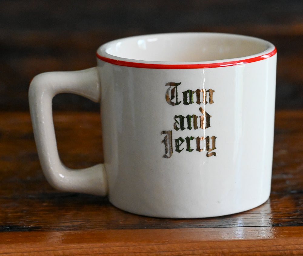 beige Tom & Jerry mugs with red rim, English Hunting scene on one side