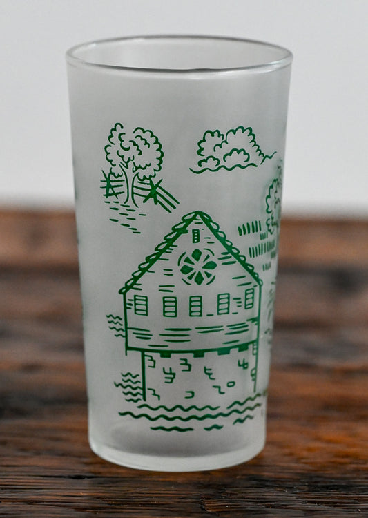 frosted Federal juice glass, green Royal countryside scene