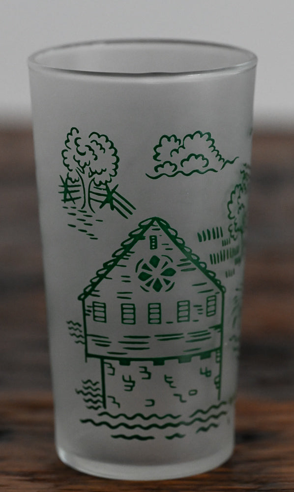 frosted Federal juice glass, green Royal countryside scene