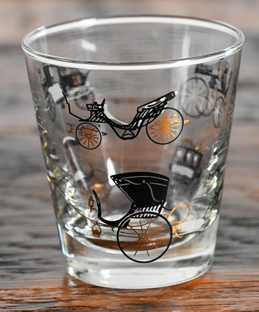 Libbey black and gold carriages print lowball glass