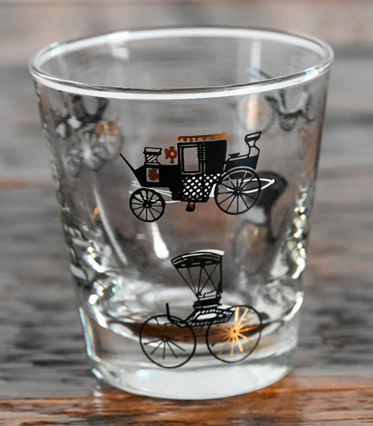 Libbey black and gold carriages print lowball glass