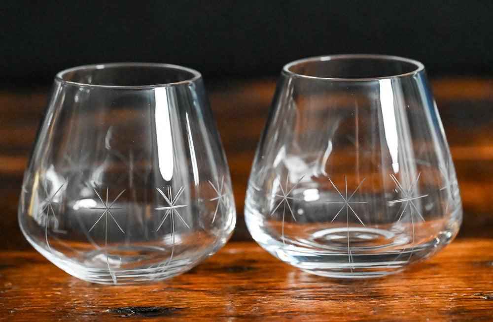 star etched clear brandy snifter or stemless wine glass