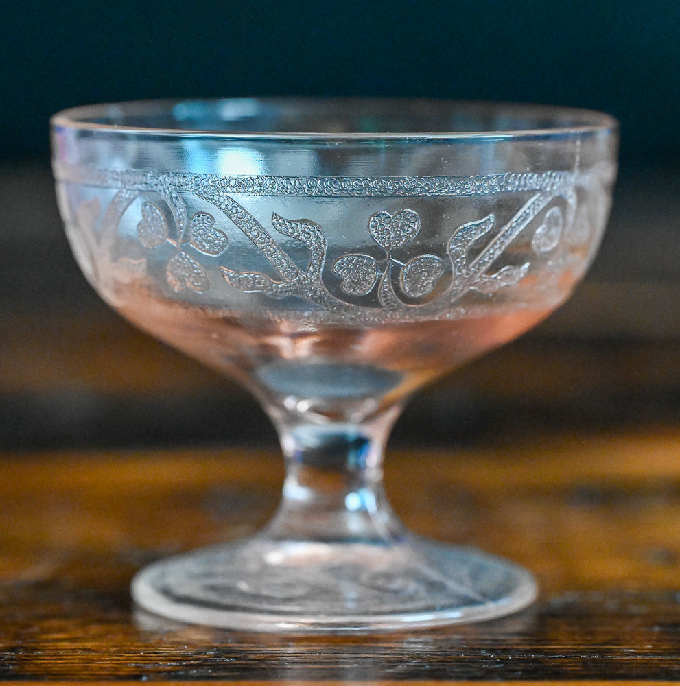 Hazel Atlas pink depression clover print coupe glass