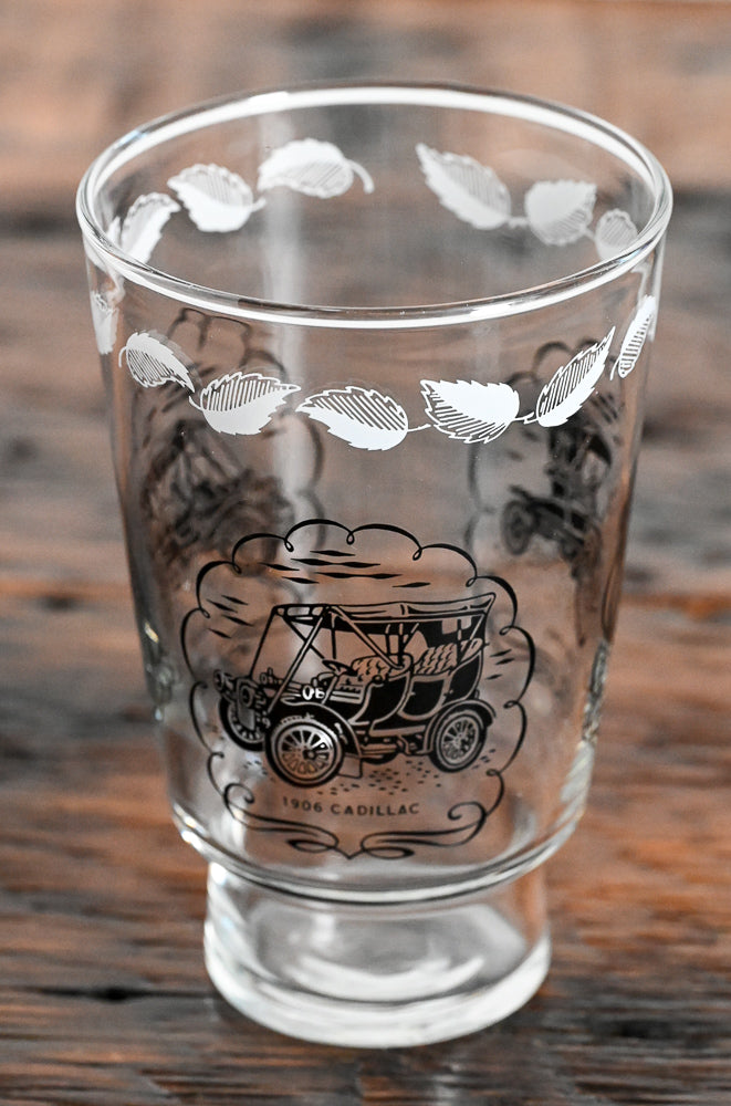 Libbey tumbler with white leaves and black cars