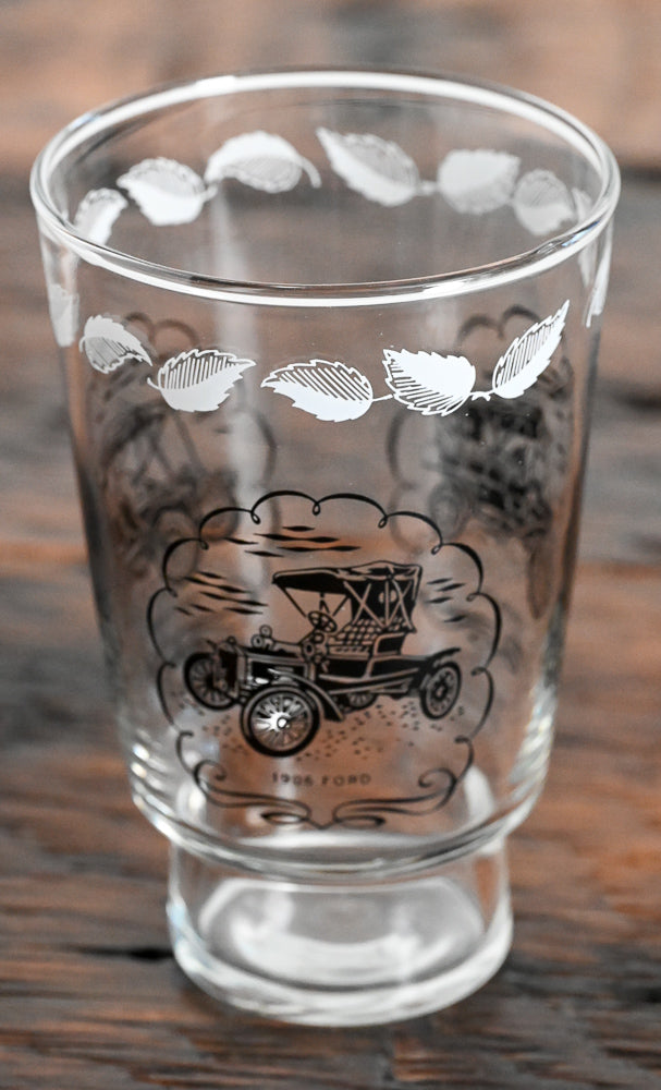 Libbey tumbler with white leaves and black cars