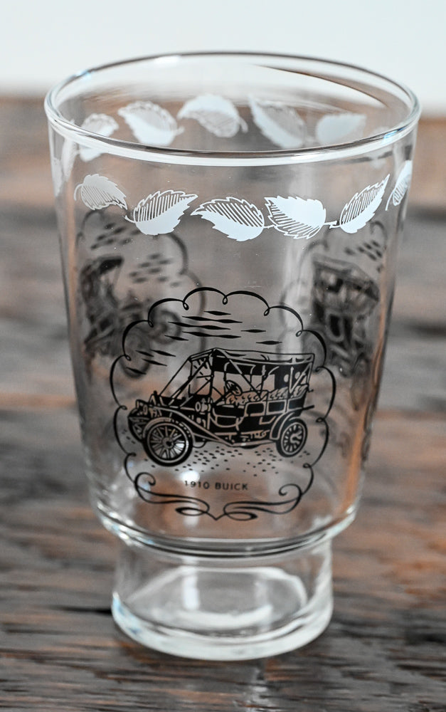 Libbey tumbler with white leaves and black cars