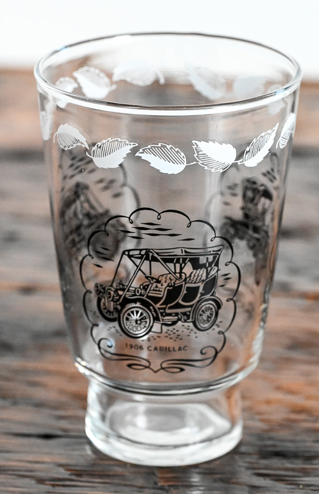 Libbey tumbler with white leaves and black cars