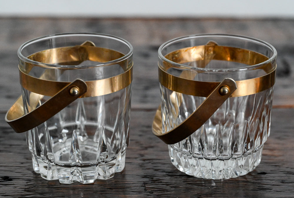 single and double cut bottom rocks glass with gold handle