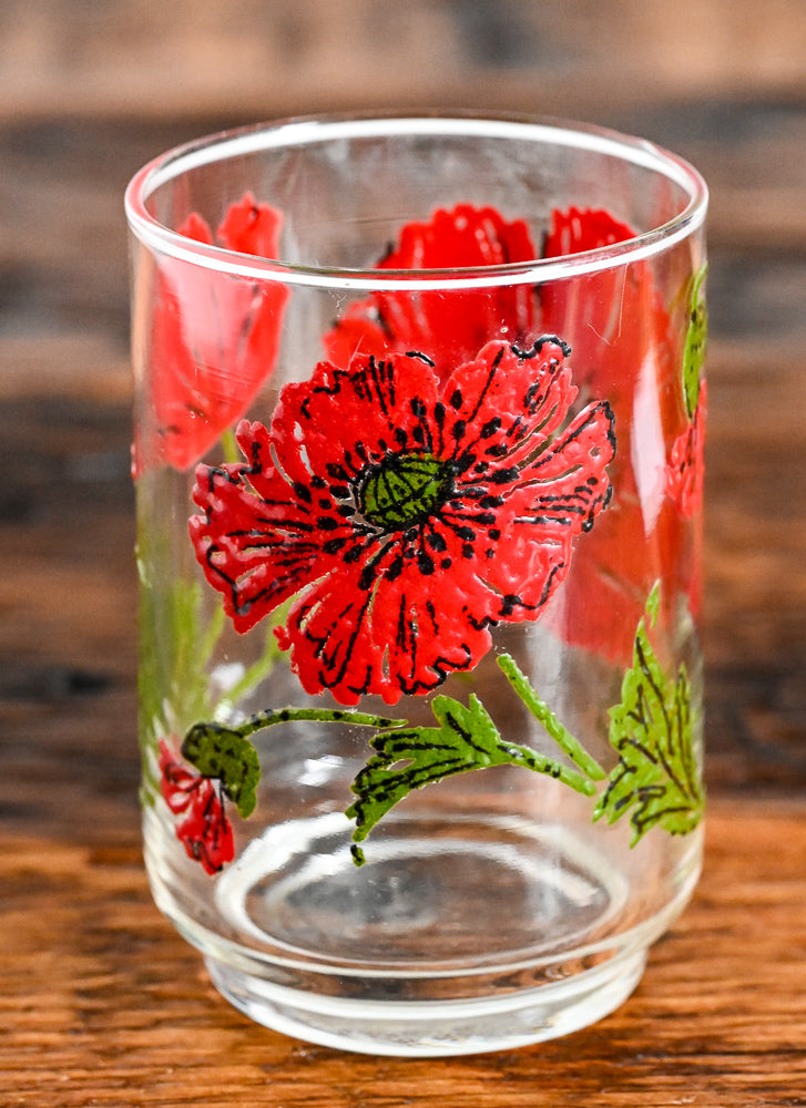 Libbey red poppies green leaves printed tumbler glass